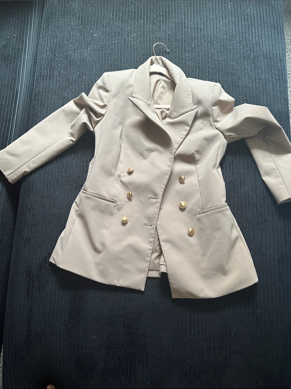 Express Women's Beige Double-Breasted Blazer with Gold Buttons